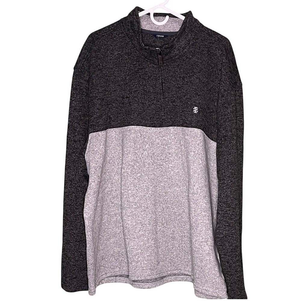 IZOD Mens Quarter Zip Pullover Sweater Charcoal Gray Colorblock Fleece Lined XL